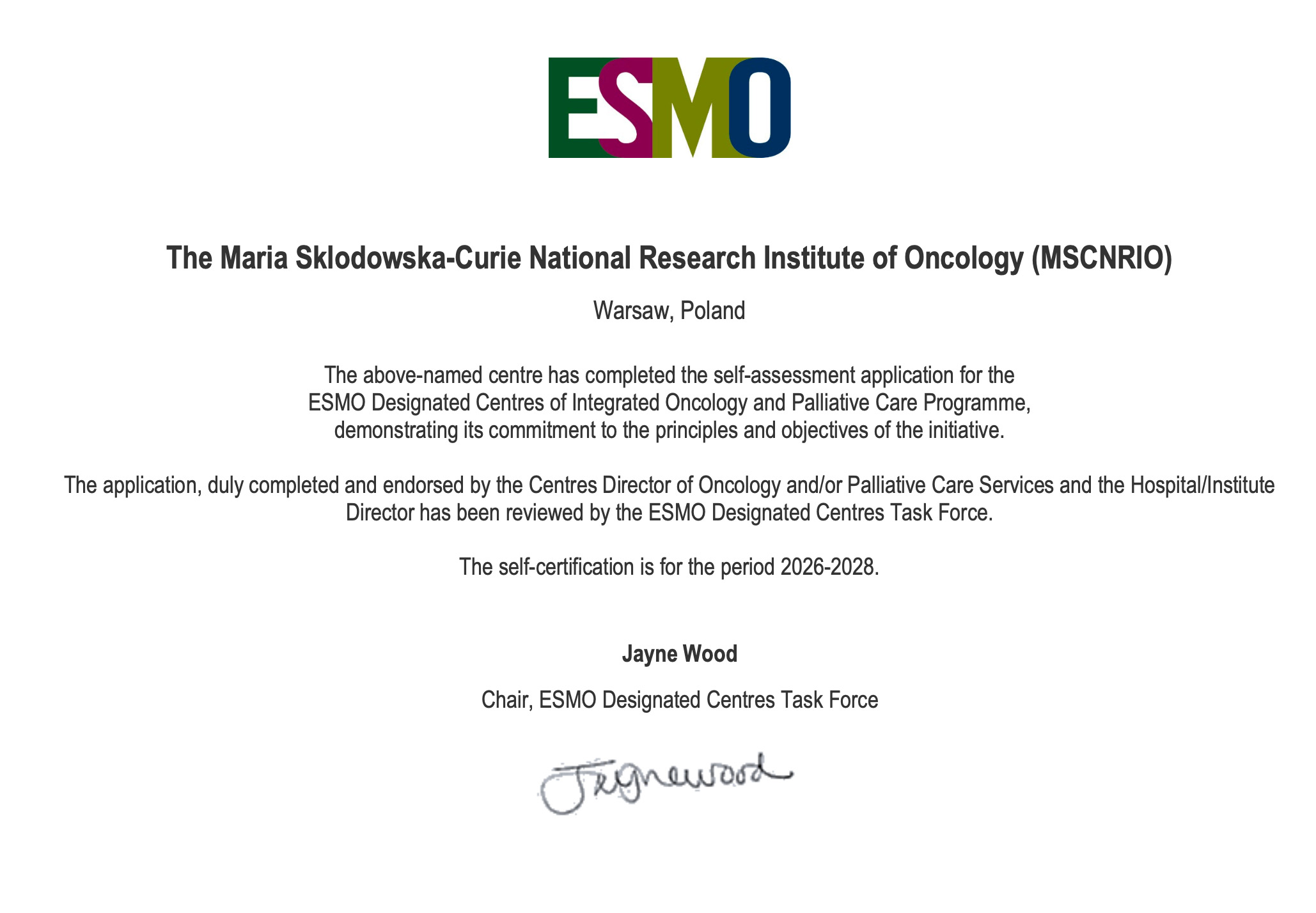 ESMO Designated Centre 2026–2028