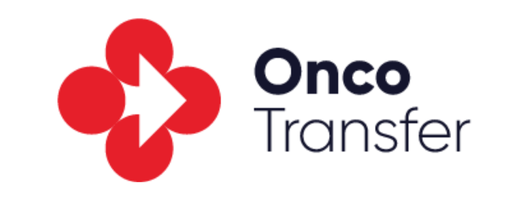 Czerwony symbol z białą strzałką, obok napis Onco Transfer