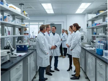 Grupa osób w białych fartuchach rozmawia w laboratorium. W tle sprzęt laboratoryjny.