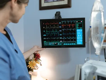 Osoba w niebieskim uniformie wskazuje na monitor z wykresem EKG w sali szpitalnej.