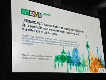 Plakat konferencji ESMO 2025 w Berlinie, dotyczący badania EFTISARC-NEO.