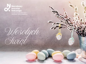 Gałązki w wazonie z pisankami, kolorowe jajka, napis: Wesołych Świąt, logo Narodowego Instytutu Onkologii