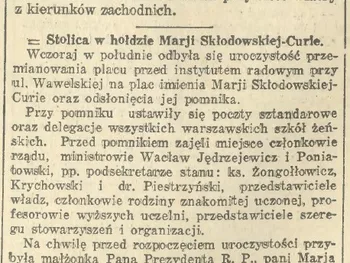 Wiadomości bieżące, relacja z odsłonięcia pomnika Marii Skłodowskiej-Curie w Warszawie.