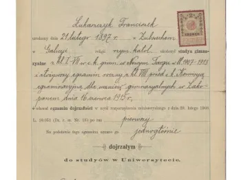 Świadectwo dojrzałości Franciszka Łukaszczyka z 1915 roku, zawiera pieczęcie i podpisy.
