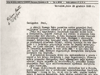 List z Instytutu Radowego do Marii Skłodowskiej-Curie z 29 grudnia 1933 roku, podpisany przez F. Łukaszczyka.