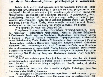 Tekst aktu erekcyjnego Instytutu Radowego im. Marii Skłodowskiej-Curie w Warszawie.