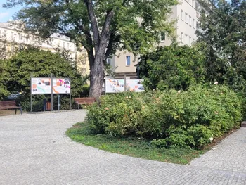 Park z pomnikiem na postumencie, otoczony krzewami i tablicami informacyjnymi.